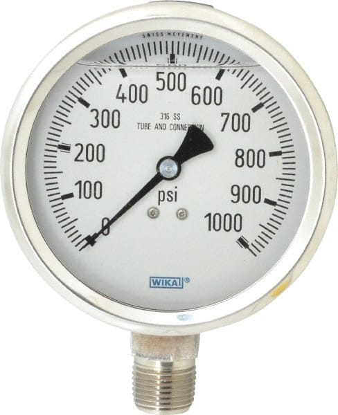Wika - 4" Dial, 1/2 Thread, 0-1,000 Scale Range, Pressure Gauge - Lower Connection Mount, Accurate to 1% of Scale - Exact Tooling
