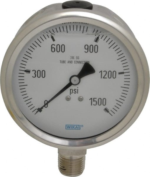 Wika - 4" Dial, 1/2 Thread, 0-1,500 Scale Range, Pressure Gauge - Lower Connection Mount, Accurate to 1% of Scale - Exact Tooling