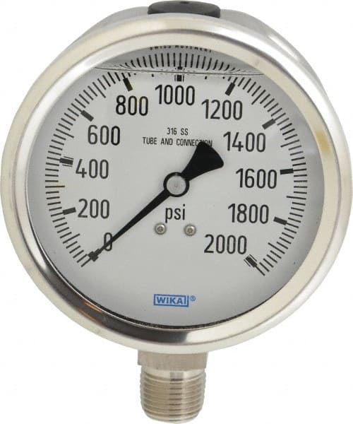 Wika - 4" Dial, 1/2 Thread, 0-2,000 Scale Range, Pressure Gauge - Lower Connection Mount, Accurate to 1% of Scale - Exact Tooling