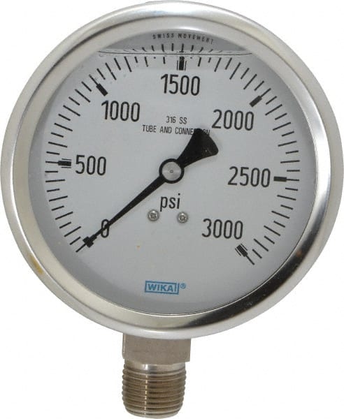 Wika - 4" Dial, 1/2 Thread, 0-3,000 Scale Range, Pressure Gauge - Lower Connection Mount, Accurate to 1% of Scale - Exact Tooling
