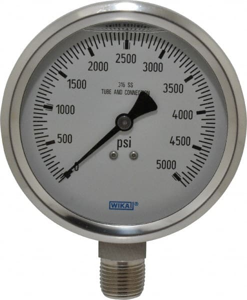 Wika - 4" Dial, 1/2 Thread, 0-5,000 Scale Range, Pressure Gauge - Lower Connection Mount, Accurate to 1% of Scale - Exact Tooling