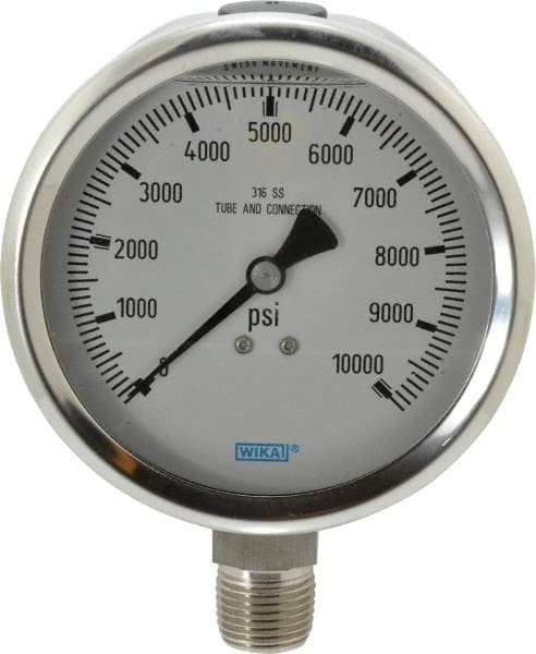 Wika - 4" Dial, 1/2 Thread, 0-10,000 Scale Range, Pressure Gauge - Lower Connection Mount, Accurate to 1% of Scale - Exact Tooling