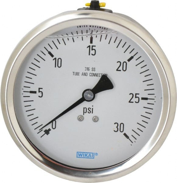 Wika - 4" Dial, 1/2 Thread, 0-30 Scale Range, Pressure Gauge - Lower Back Connection Mount, Accurate to 1% of Scale - Exact Tooling