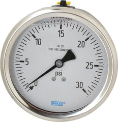 Wika - 4" Dial, 1/2 Thread, 0-30 Scale Range, Pressure Gauge - Lower Back Connection Mount, Accurate to 1% of Scale - Exact Tooling