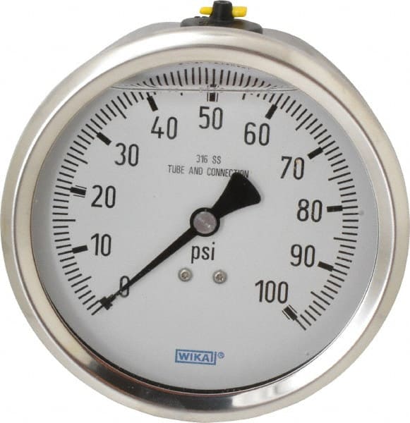 Wika - 4" Dial, 1/2 Thread, 0-100 Scale Range, Pressure Gauge - Lower Back Connection Mount, Accurate to 1% of Scale - Exact Tooling