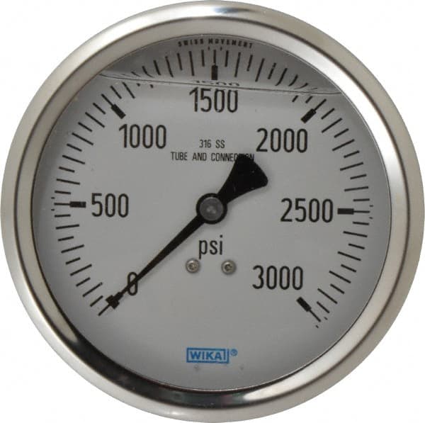 Wika - 4" Dial, 1/2 Thread, 0-3,000 Scale Range, Pressure Gauge - Lower Back Connection Mount, Accurate to 1% of Scale - Exact Tooling