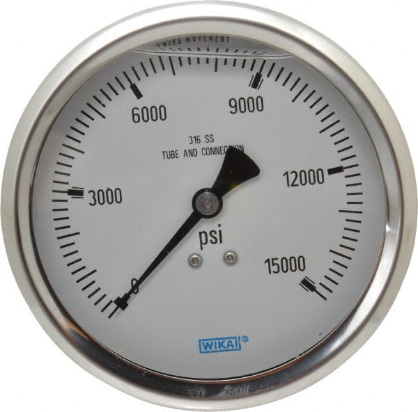 Wika - 4" Dial, 1/2 Thread, 0-15,000 Scale Range, Pressure Gauge - Lower Back Connection Mount, Accurate to 1% of Scale - Exact Tooling