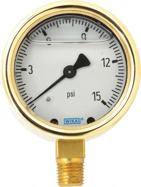 Wika - 2-1/2" Dial, 1/4 Thread, 0-15 Scale Range, Pressure Gauge - Lower Connection Mount, Accurate to 1.5% of Scale - Exact Tooling