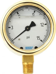 Wika - 2-1/2" Dial, 1/4 Thread, 0-15 Scale Range, Pressure Gauge - Lower Connection Mount, Accurate to 1.5% of Scale - Exact Tooling