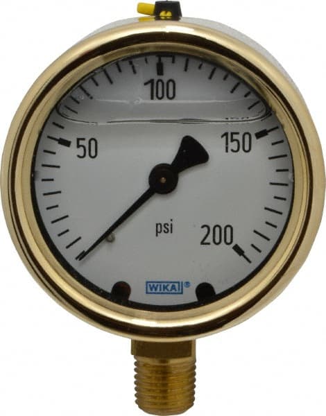 Wika - 2-1/2" Dial, 1/4 Thread, 0-200 Scale Range, Pressure Gauge - Lower Connection Mount, Accurate to 1.5% of Scale - Exact Tooling