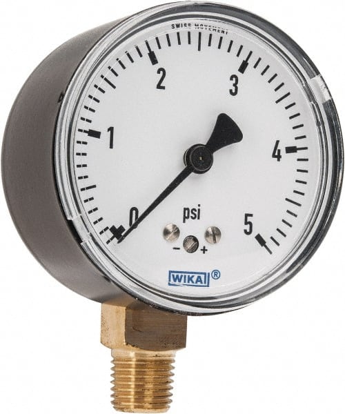 Wika - 2-1/2" Dial, 1/4 Thread, 0-5 Scale Range, Pressure Gauge - Lower Connection Mount, Accurate to 1.5% of Scale - Exact Tooling