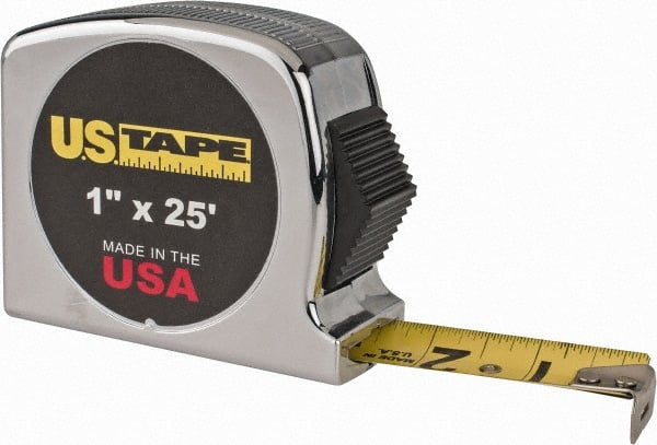 US Tape - 25' x 1" Yellow Blade Tape Measure - 1/32 & 1/16" Graduation, Inch Graduation Style, Silver Case - Exact Tooling