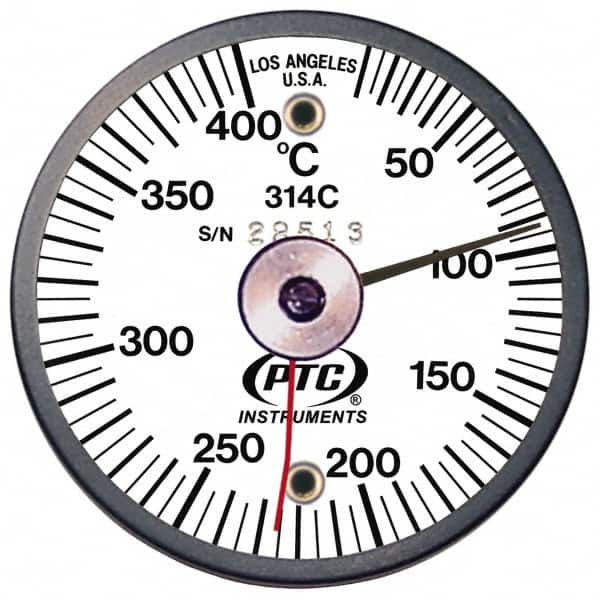 PTC Instruments - 10 to 400°C, 2 Inch Dial Diameter, Dual Magnet Mount Thermometer - 5° Division Graduation - Exact Tooling