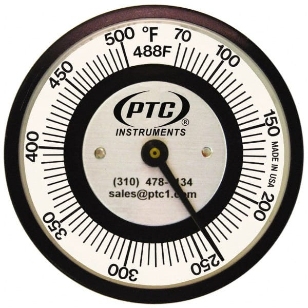 PTC Instruments - 70 to 500°F, 2 Inch Dial Diameter, Pipe Surface Spring Held Thermometer - 5° Division Graduation - Exact Tooling