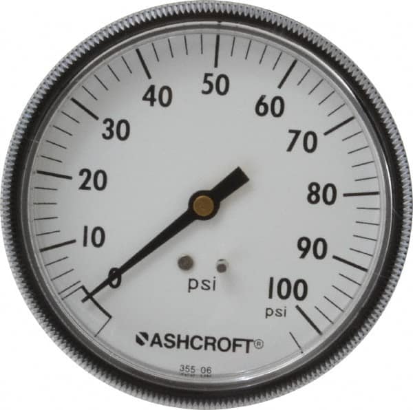 Ashcroft - 3-1/2" Dial, 1/4 Thread, 0-100 Scale Range, Pressure Gauge - Center Back Connection Mount - Exact Tooling