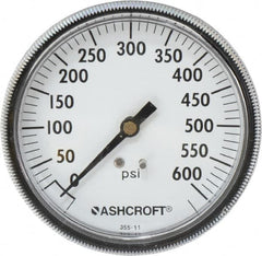Ashcroft - 3-1/2" Dial, 1/4 Thread, 0-600 Scale Range, Pressure Gauge - Center Back Connection Mount - Exact Tooling
