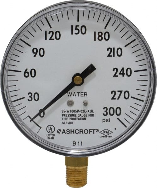 Ashcroft - 3-1/2" Dial, 1/4 Thread, 0-300 Scale Range, Pressure Gauge - Lower Connection Mount - Exact Tooling