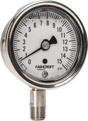 Ashcroft - 2-1/2" Dial, 1/4 Thread, 0-15 Scale Range, Pressure Gauge - Lower Connection Mount, Accurate to 1% of Scale - Exact Tooling
