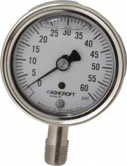 Ashcroft - 2-1/2" Dial, 1/4 Thread, 0-60 Scale Range, Pressure Gauge - Lower Connection Mount, Accurate to 1% of Scale - Exact Tooling