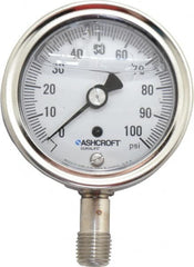 Ashcroft - 2-1/2" Dial, 1/4 Thread, 0-100 Scale Range, Pressure Gauge - Lower Connection Mount, Accurate to 1% of Scale - Exact Tooling