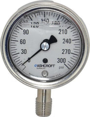 Ashcroft - 2-1/2" Dial, 1/4 Thread, 0-300 Scale Range, Pressure Gauge - Lower Connection Mount, Accurate to 1% of Scale - Exact Tooling