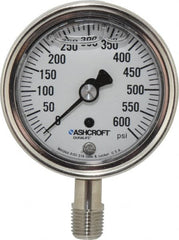 Ashcroft - 2-1/2" Dial, 1/4 Thread, 0-600 Scale Range, Pressure Gauge - Lower Connection Mount, Accurate to 1% of Scale - Exact Tooling