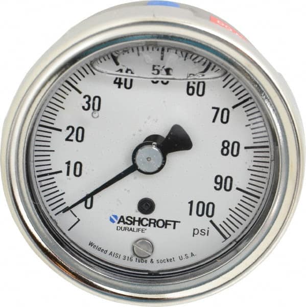 Ashcroft - 2-1/2" Dial, 1/4 Thread, 0-100 Scale Range, Pressure Gauge - Center Back Connection Mount, Accurate to 1% of Scale - Exact Tooling