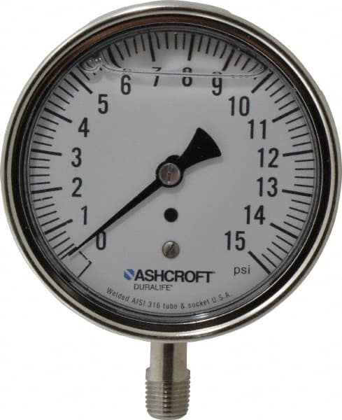 Ashcroft - 3-1/2" Dial, 1/4 Thread, 0-15 Scale Range, Pressure Gauge - Lower Connection Mount, Accurate to 1% of Scale - Exact Tooling
