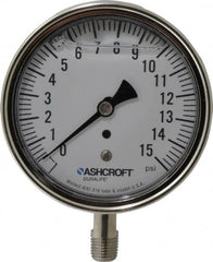 Ashcroft - 3-1/2" Dial, 1/4 Thread, 0-15 Scale Range, Pressure Gauge - Lower Connection Mount, Accurate to 1% of Scale - Exact Tooling