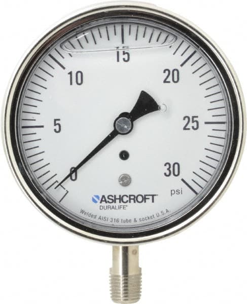 Ashcroft - 3-1/2" Dial, 1/4 Thread, 0-30 Scale Range, Pressure Gauge - Lower Connection Mount, Accurate to 1% of Scale - Exact Tooling