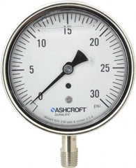 Ashcroft - 3-1/2" Dial, 1/4 Thread, 0-30 Scale Range, Pressure Gauge - Lower Connection Mount, Accurate to 1% of Scale - Exact Tooling