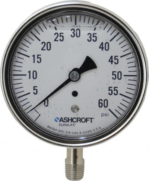 Ashcroft - 3-1/2" Dial, 1/4 Thread, 0-60 Scale Range, Pressure Gauge - Lower Connection Mount, Accurate to 1% of Scale - Exact Tooling