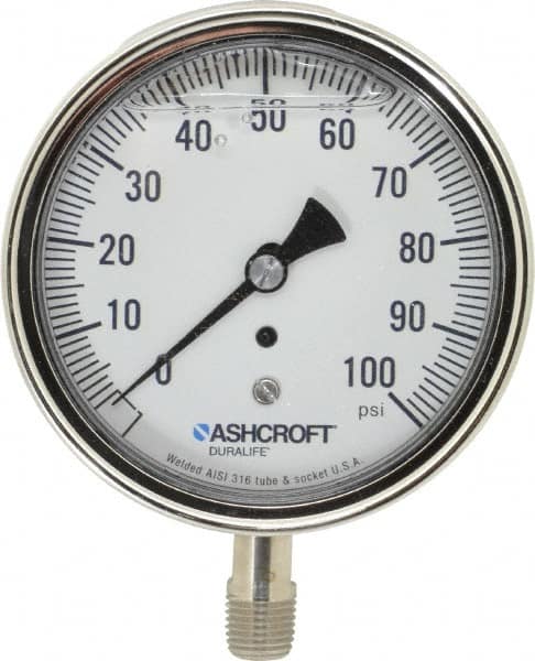 Ashcroft - 3-1/2" Dial, 1/4 Thread, 0-100 Scale Range, Pressure Gauge - Lower Connection Mount, Accurate to 1% of Scale - Exact Tooling