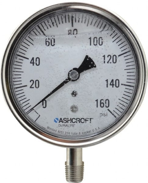 Ashcroft - 3-1/2" Dial, 1/4 Thread, 0-160 Scale Range, Pressure Gauge - Lower Connection Mount, Accurate to 1% of Scale - Exact Tooling