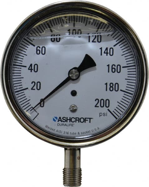 Ashcroft - 3-1/2" Dial, 1/4 Thread, 0-200 Scale Range, Pressure Gauge - Lower Connection Mount, Accurate to 1% of Scale - Exact Tooling