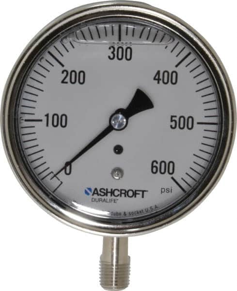 Ashcroft - 3-1/2" Dial, 1/4 Thread, 0-600 Scale Range, Pressure Gauge - Lower Connection Mount, Accurate to 1% of Scale - Exact Tooling