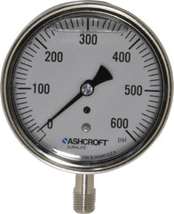 Ashcroft - 3-1/2" Dial, 1/4 Thread, 0-600 Scale Range, Pressure Gauge - Lower Connection Mount, Accurate to 1% of Scale - Exact Tooling