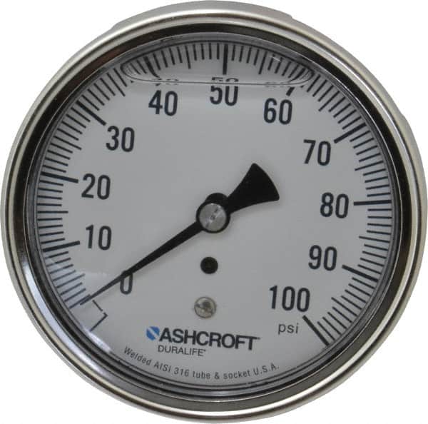 Ashcroft - 3-1/2" Dial, 1/4 Thread, 0-100 Scale Range, Pressure Gauge - Center Back Connection Mount, Accurate to 1% of Scale - Exact Tooling