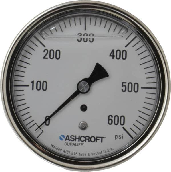 Ashcroft - 3-1/2" Dial, 1/4 Thread, 0-600 Scale Range, Pressure Gauge - Center Back Connection Mount, Accurate to 1% of Scale - Exact Tooling