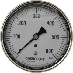Ashcroft - 3-1/2" Dial, 1/4 Thread, 0-600 Scale Range, Pressure Gauge - Center Back Connection Mount, Accurate to 1% of Scale - Exact Tooling