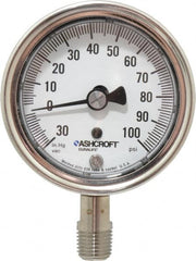 Ashcroft - 2-1/2" Dial, 1/4 Thread, 30-0-100 Scale Range, Pressure Gauge - Lower Connection Mount, Accurate to 1% of Scale - Exact Tooling