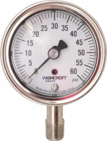 Ashcroft - 2-1/2" Dial, 1/4 Thread, 0-60 Scale Range, Pressure Gauge - Lower Connection Mount, Accurate to 1% of Scale - Exact Tooling