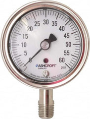 Ashcroft - 2-1/2" Dial, 1/4 Thread, 0-60 Scale Range, Pressure Gauge - Lower Connection Mount, Accurate to 1% of Scale - Exact Tooling