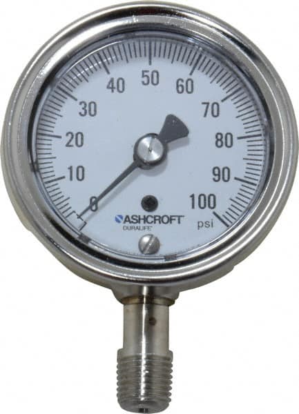 Ashcroft - 2-1/2" Dial, 1/4 Thread, 0-100 Scale Range, Pressure Gauge - Lower Connection Mount, Accurate to 1% of Scale - Exact Tooling