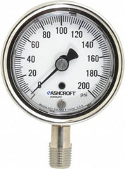 Ashcroft - 2-1/2" Dial, 1/4 Thread, 0-200 Scale Range, Pressure Gauge - Lower Connection Mount, Accurate to 1% of Scale - Exact Tooling