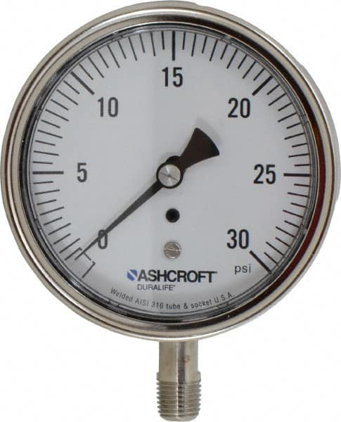 Ashcroft - 3-1/2" Dial, 1/4 Thread, 0-30 Scale Range, Pressure Gauge - Lower Connection Mount, Accurate to 1% of Scale - Exact Tooling