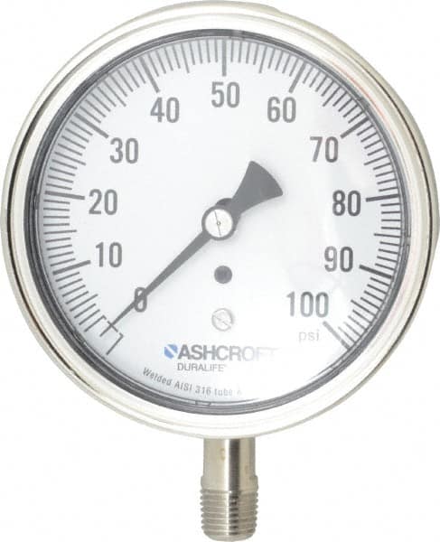 Ashcroft - 3-1/2" Dial, 1/4 Thread, 0-100 Scale Range, Pressure Gauge - Lower Connection Mount, Accurate to 1% of Scale - Exact Tooling