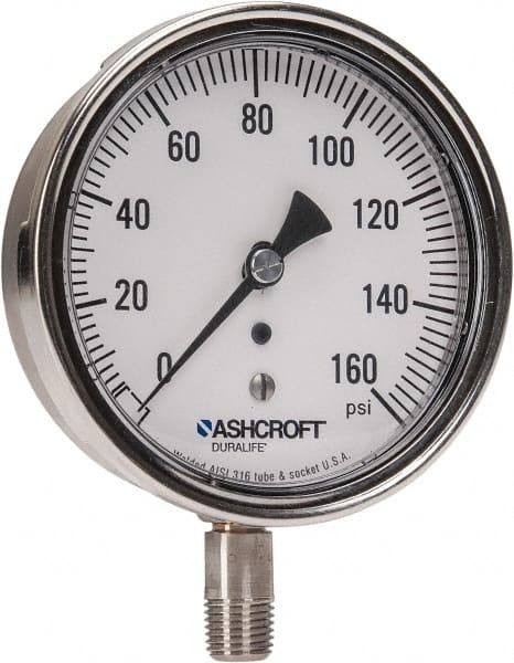Ashcroft - 3-1/2" Dial, 1/4 Thread, 0-160 Scale Range, Pressure Gauge - Lower Connection Mount, Accurate to 1% of Scale - Exact Tooling