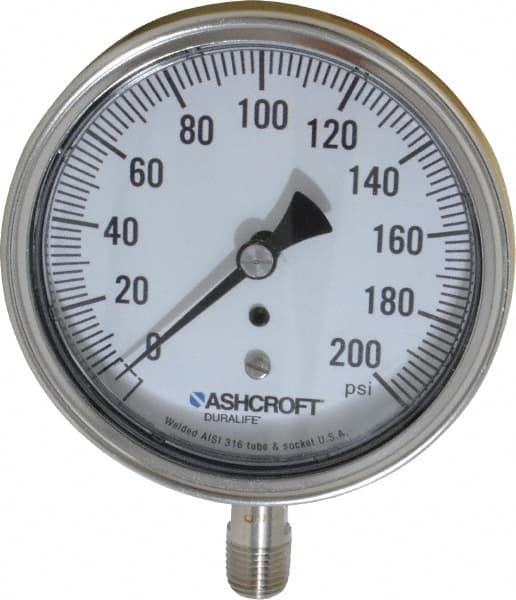 Ashcroft - 3-1/2" Dial, 1/4 Thread, 0-200 Scale Range, Pressure Gauge - Lower Connection Mount, Accurate to 1% of Scale - Exact Tooling