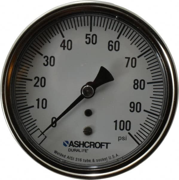 Ashcroft - 3-1/2" Dial, 1/4 Thread, 0-100 Scale Range, Pressure Gauge - Center Back Connection Mount, Accurate to 1% of Scale - Exact Tooling
